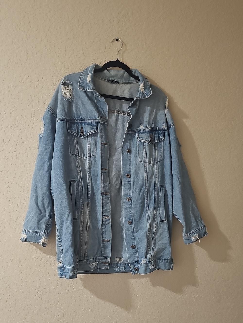Light Blue Distressed Denim Long Length Jacket